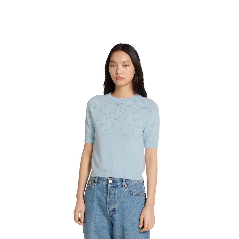 GG cotton crewneck top in pale blue | GUCCI® AE