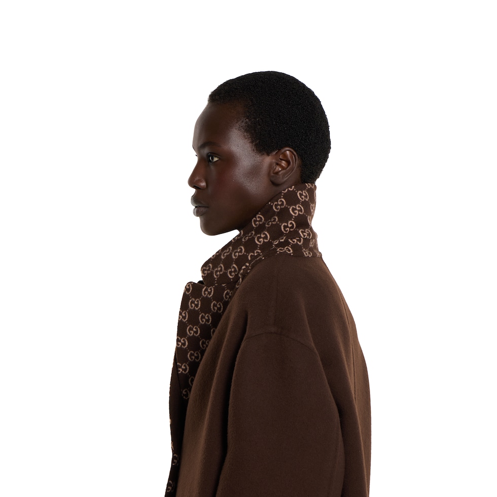 shushu266226カシミヤ　シルク混　ロゴ　ジャケット　ブラウン Reversible silk wool coat in brown | GUCCI® US