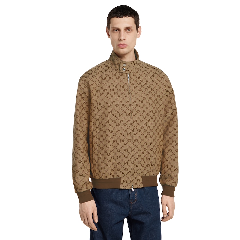 GG canvas bomber jacket in camel and dark brown | GUCCI® US
