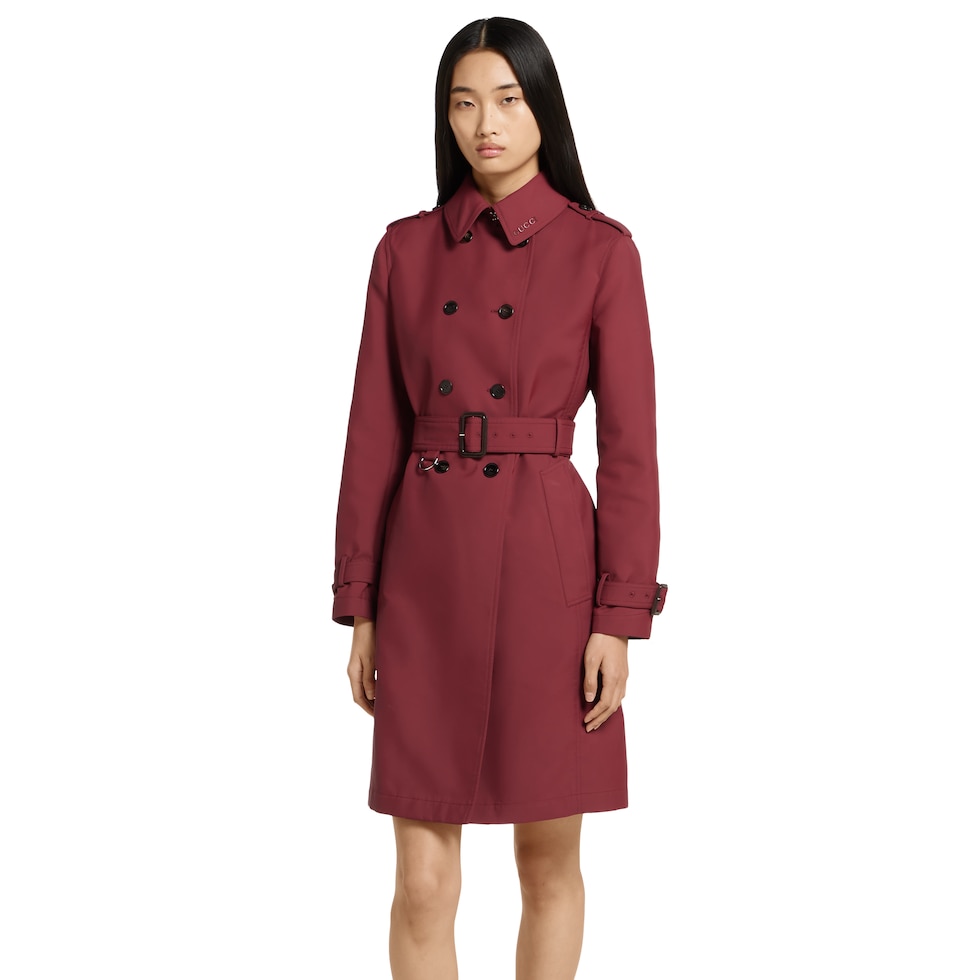 Double gabardine trench coat in burgundy | GUCCI® US