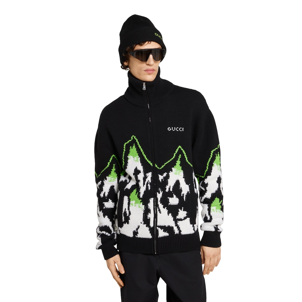 Wool jacquard zip jacket with intarsia in black and Wool jacquard zip jacket with intarsia in black and