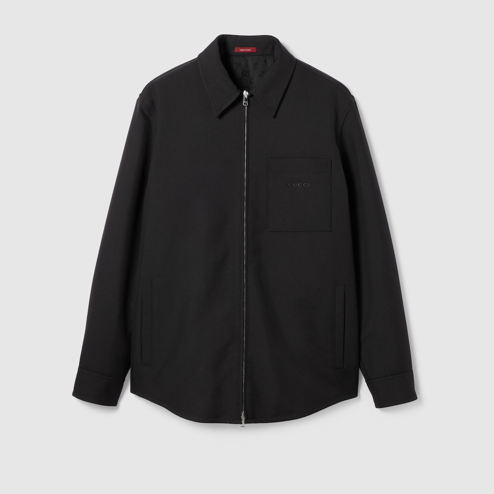 Wool twill zip overshirt in black | GUCCI® US