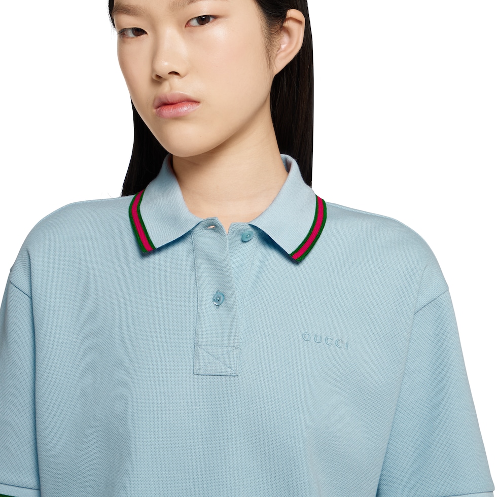 Cotton piquet polo shirt with Web in light blue | GUCCI® US