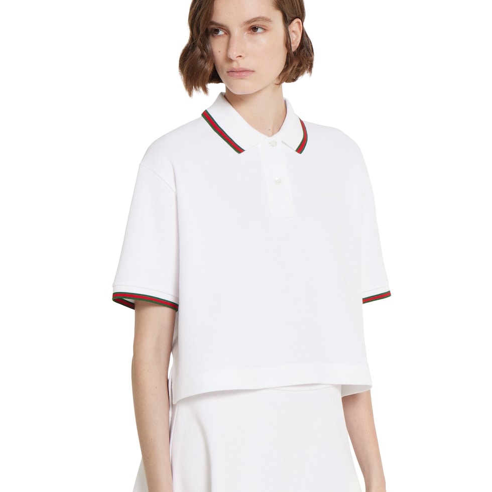 Cotton piquet polo shirt with Web in white | GUCCI® US