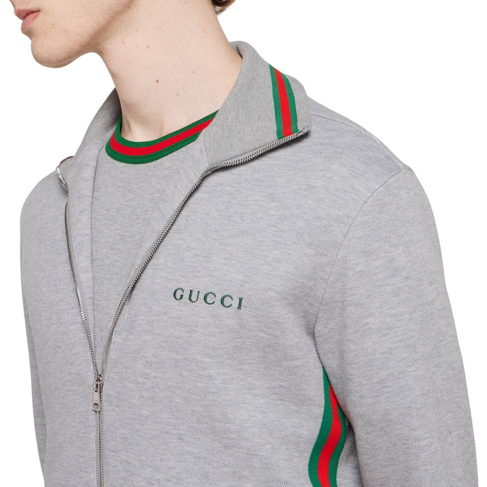 Cotton piquet double zip jacket in grey mélange | GUCCI® PL