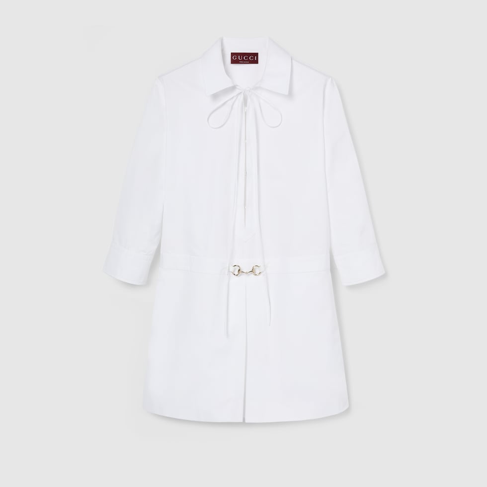 Cotton poplin shirt dress with Horsebit in white | GUCCI® US Cotton poplin shirt dress with Horsebit in white | GUCCI® US