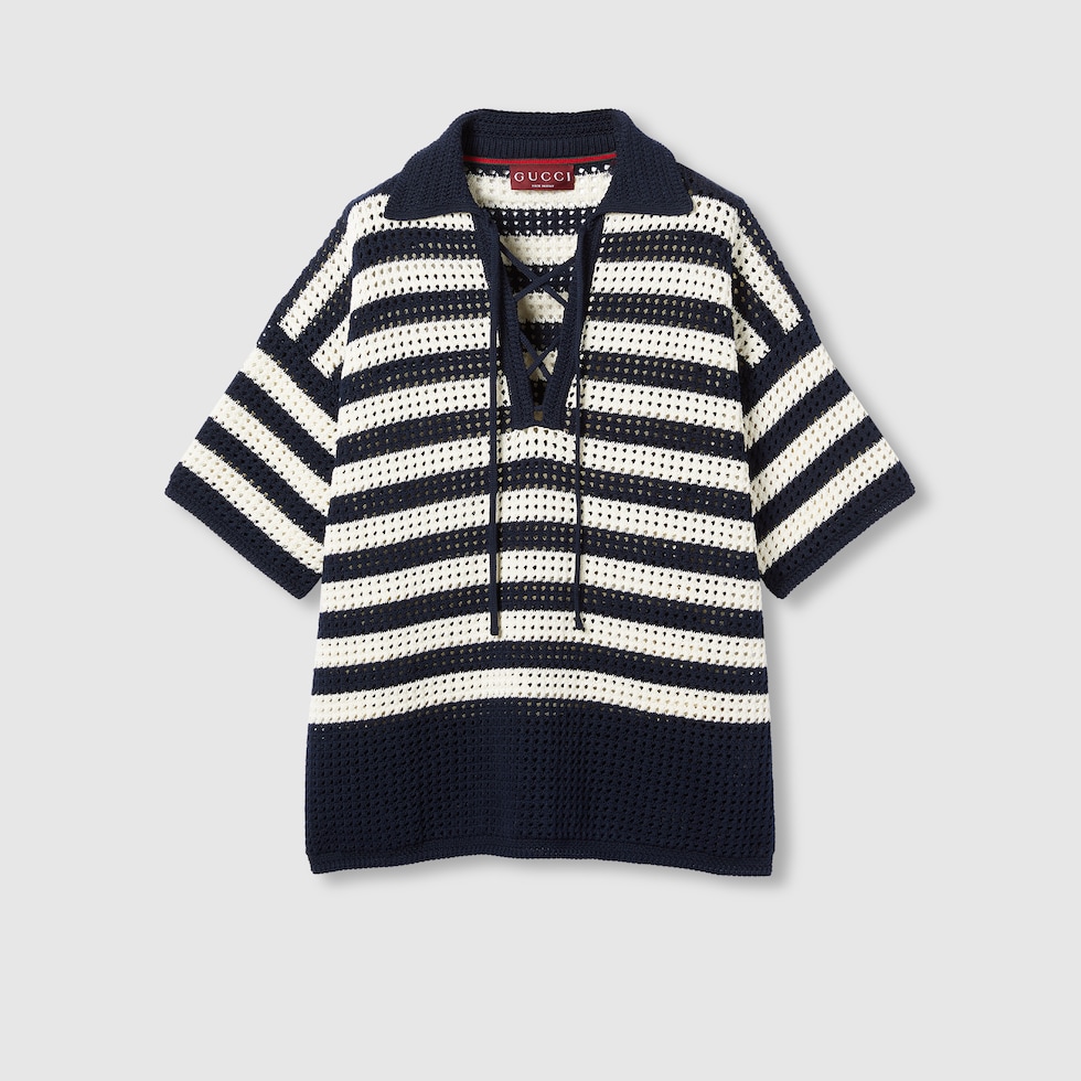 GUCCI 青白ストライプ ポロシャツ Cotton piquet polo with Web collar in navy | GUCCI® US