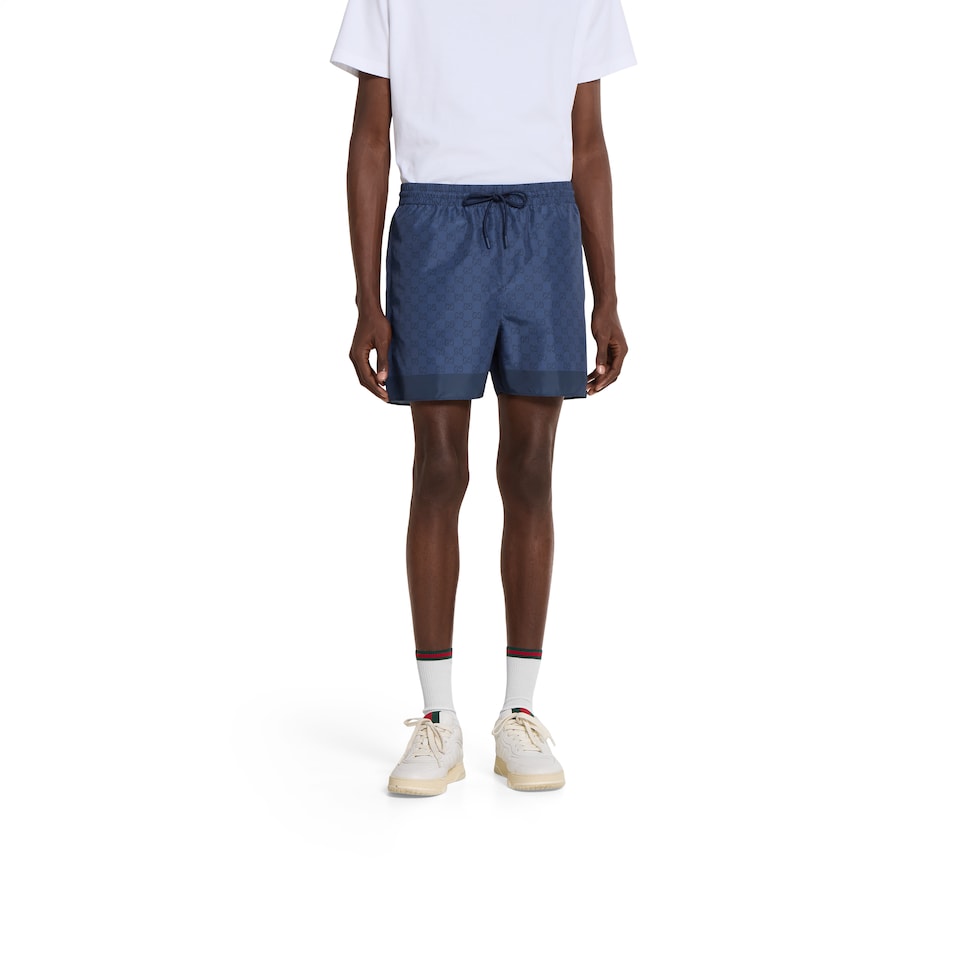 Printed technical poplin swim shorts in navy | GUCCI® US Printed technical poplin swim shorts in navy | GUCCI® US