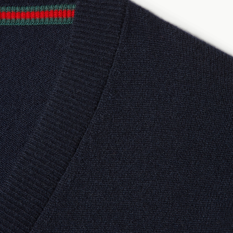 Fine cashmere cardigan with intarsia in navy | GUCCI® US