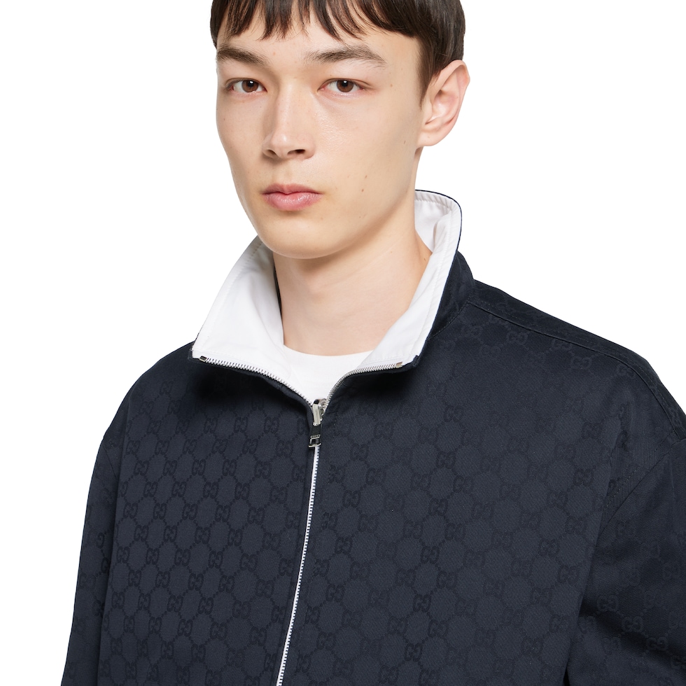 Reversible cotton gabardine zip jacket in dark blue and white