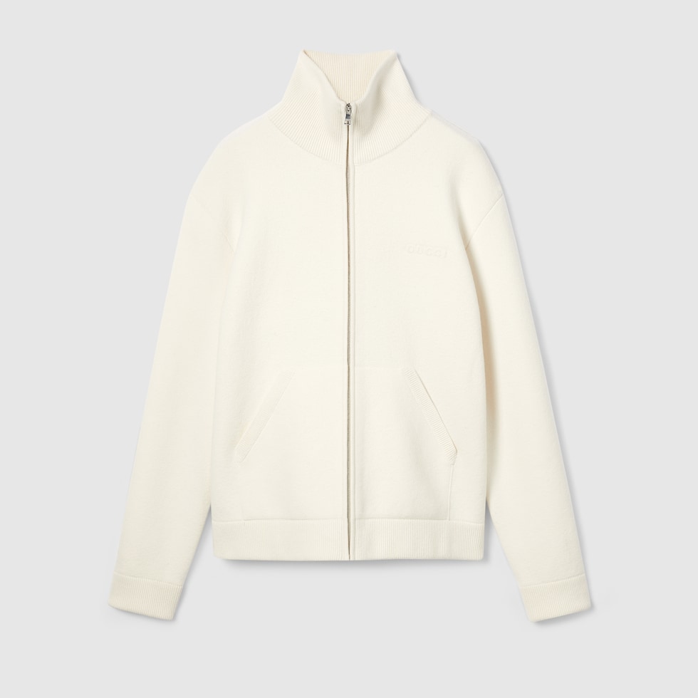 Wool cashmere piquet knit zip jacket in white | GUCCI® NL