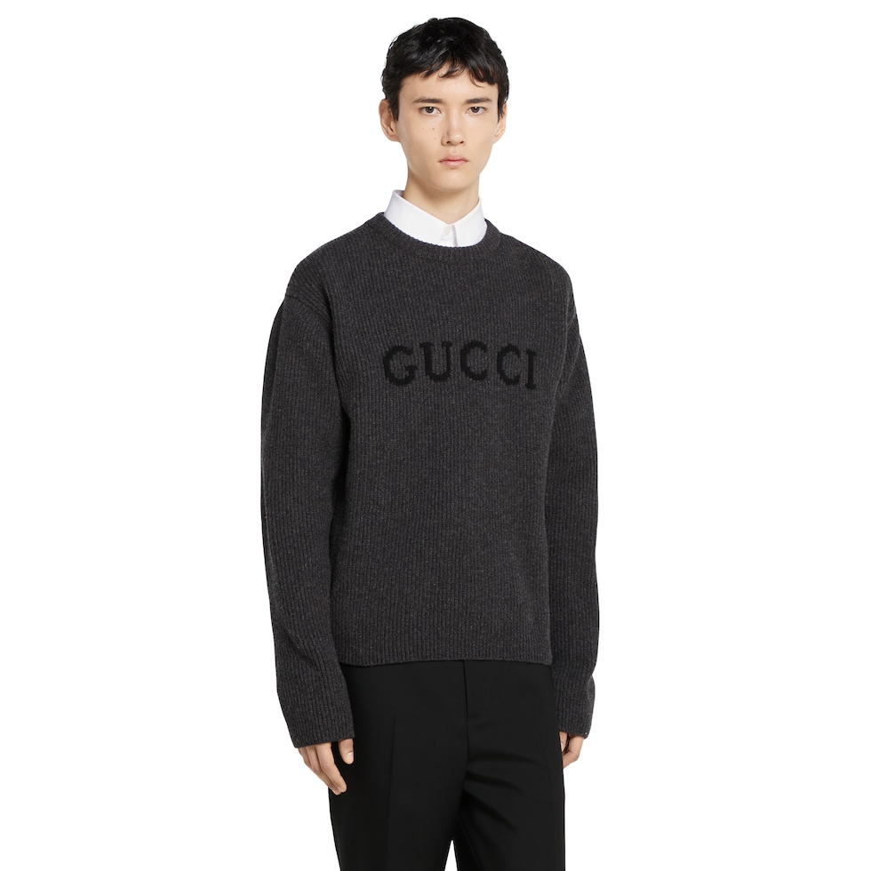 Wool cashmere rib knit sweater in dark grey and black | GUCCI® US