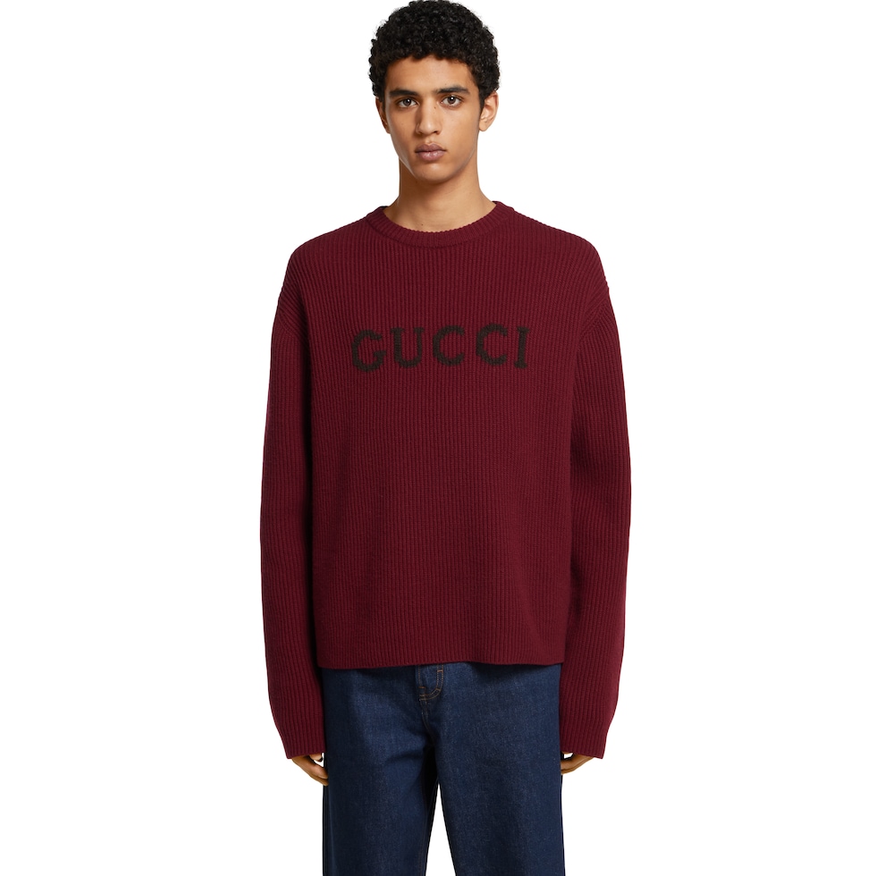 Wool cashmere rib knit sweater in Rosso Ancora and brown | GUCCI® US