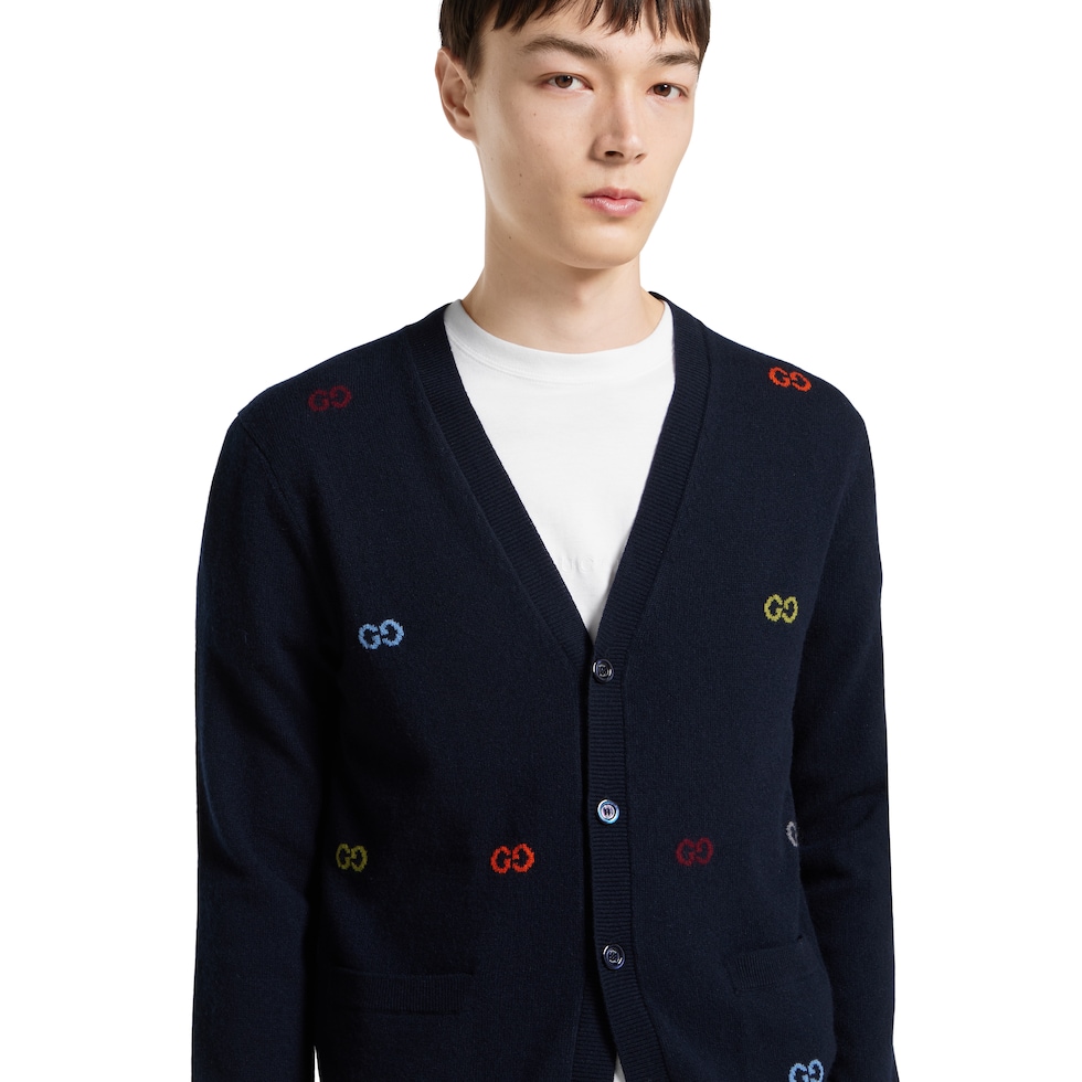 Fine cashmere cardigan with intarsia in navy | GUCCI® US