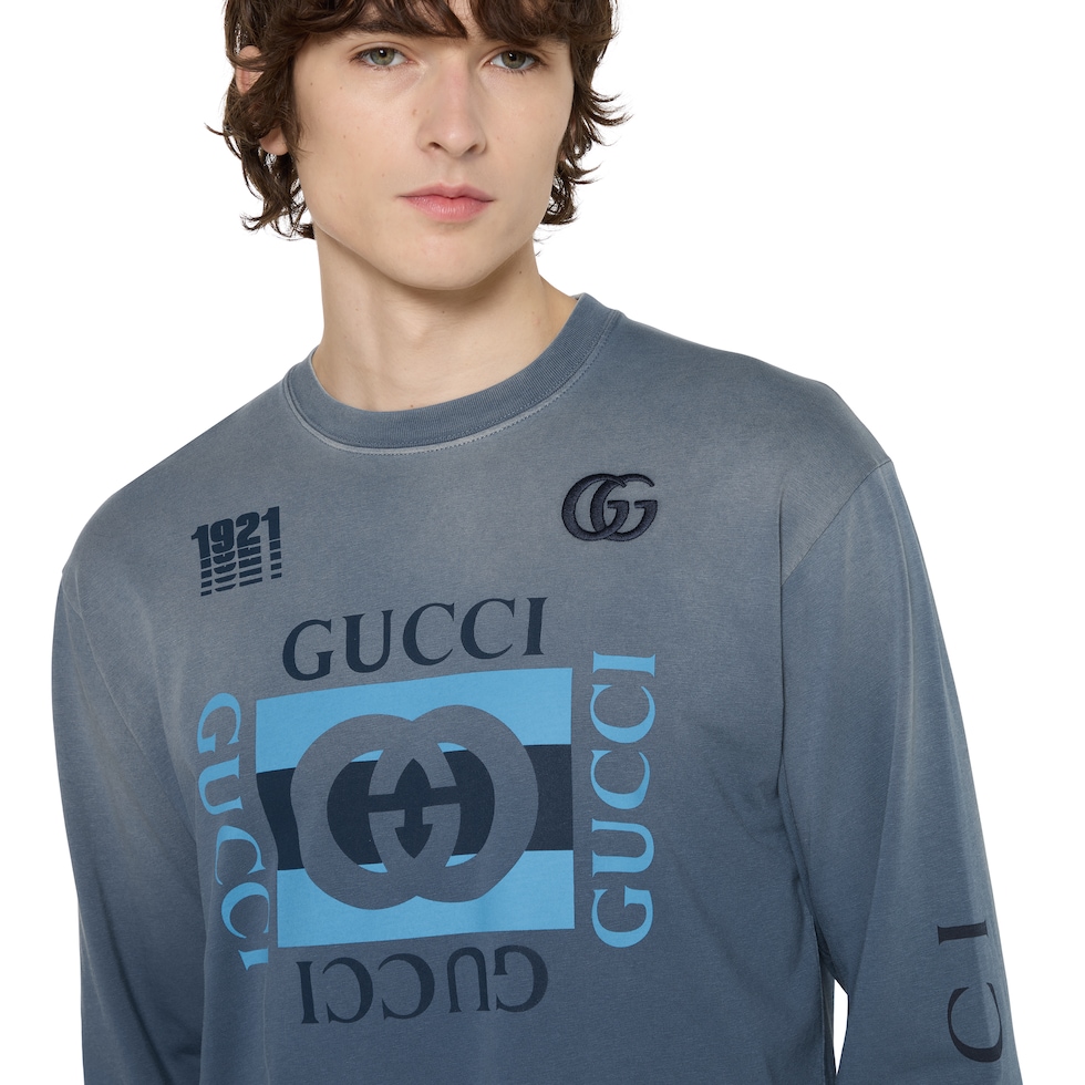 Printed cotton jersey T-shirt in blue | GUCCI® US