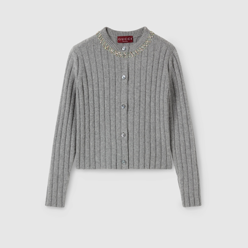 Rib soft wool and cashmere cardigan in grey | GUCCI® US