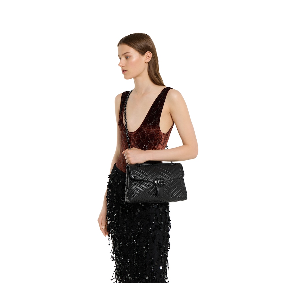 GGマーモント〕ミディアム ショルダーバッグ ・ブラック レザー