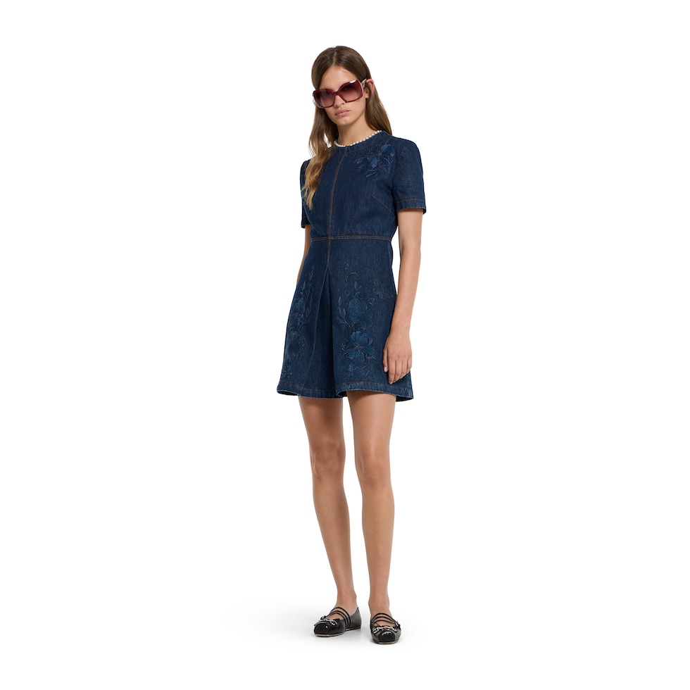 Denim dress with embroidery in blue | GUCCI® US