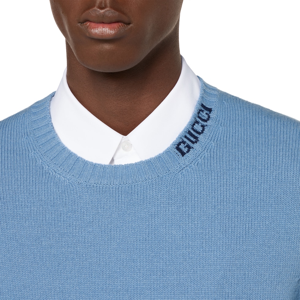 Felted wool knit sweater with intarsia in light blue | GUCCI® CA