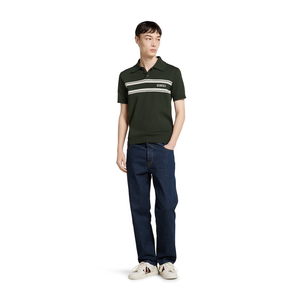 Silk cotton polo shirt with intarsia in forest green and