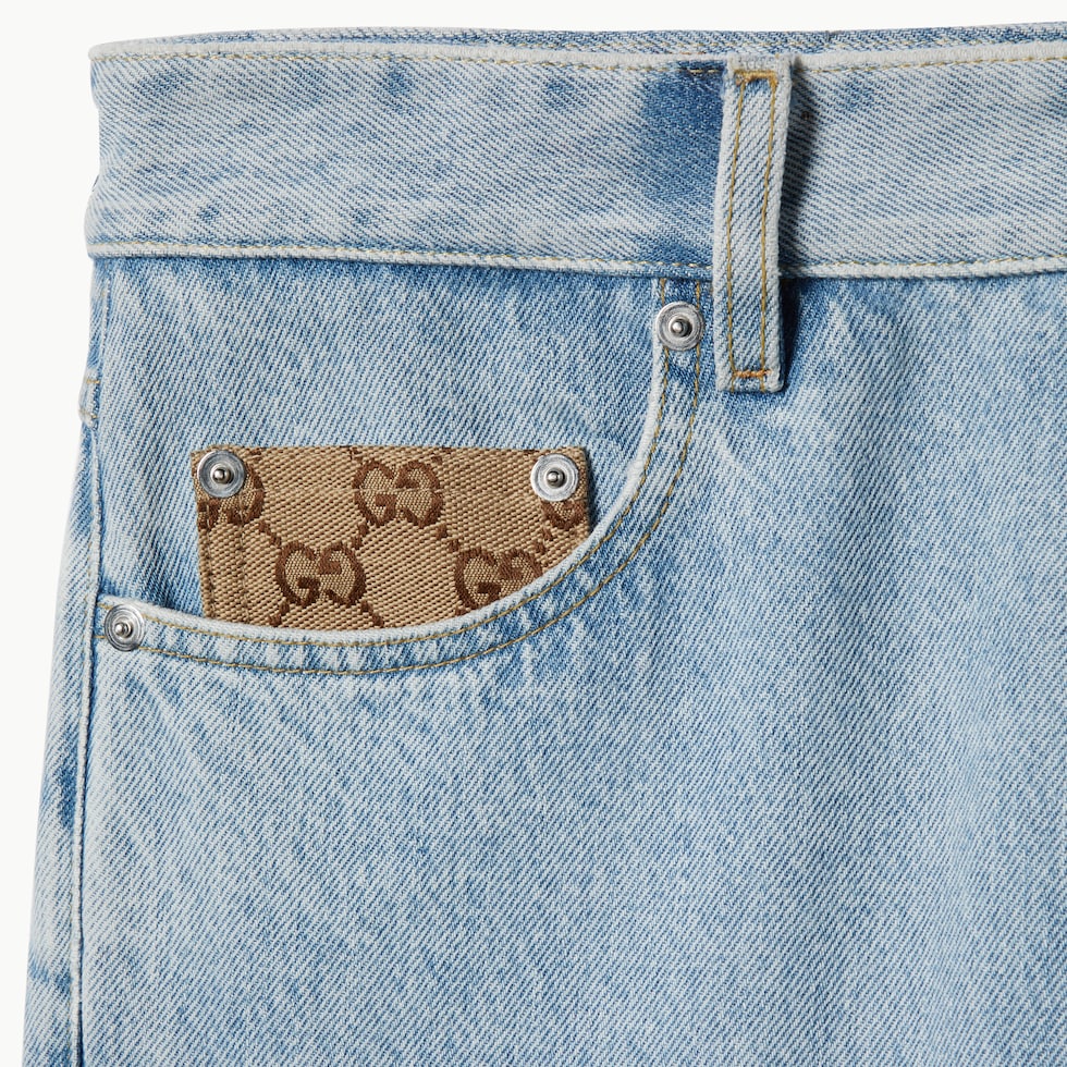 【GUCCI】ジーンズ Washed denim pant with GG insert in light blue | GUCCI® US