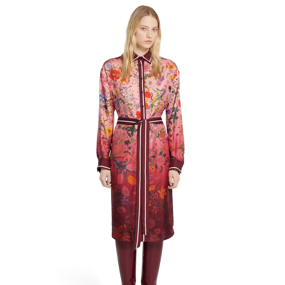 Printed silk twill shirt dress in pink and rosso ancora red Printed silk twill shirt dress in pink and rosso ancora red
