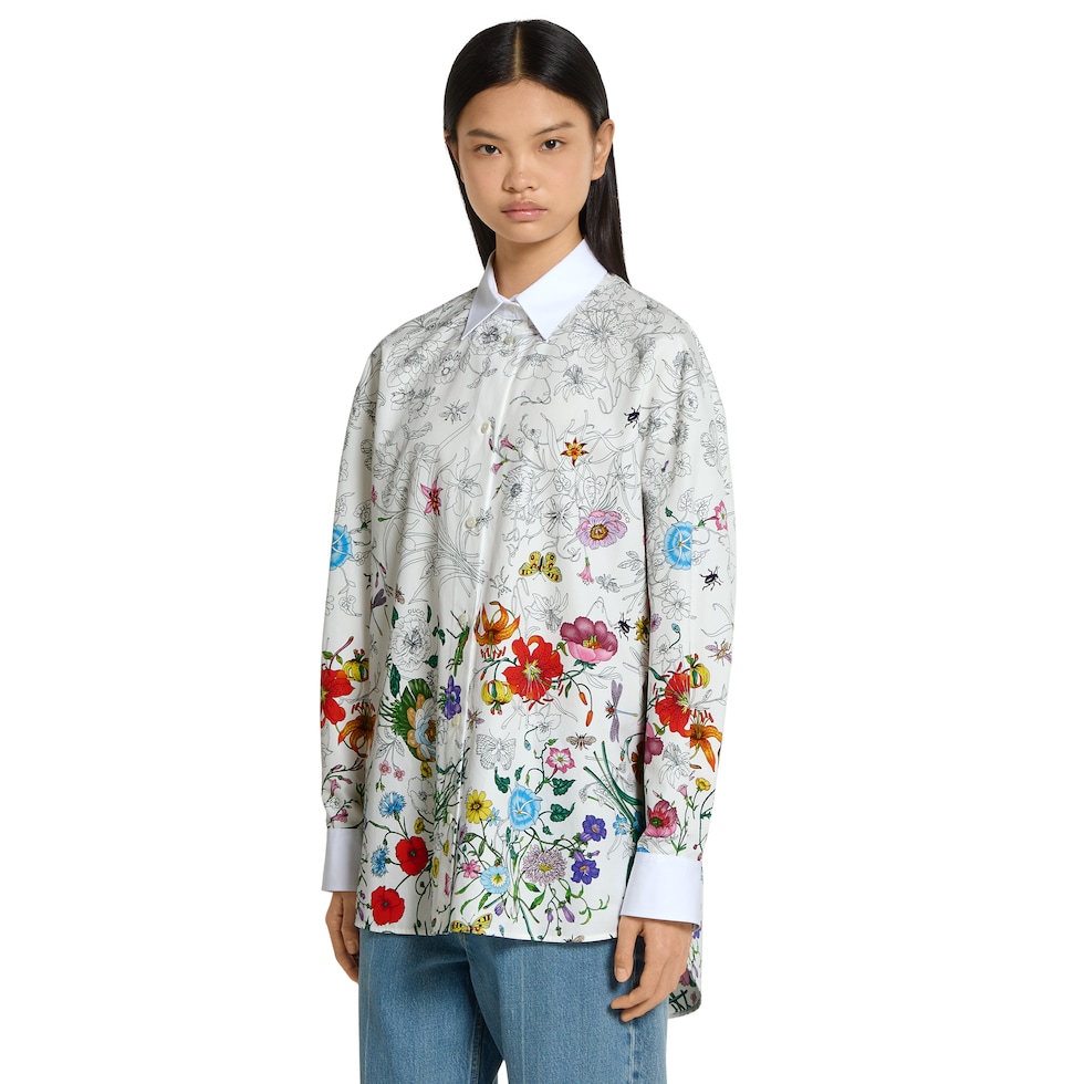 Printed cotton poplin shirt in white and multicolor | GUCCI® US