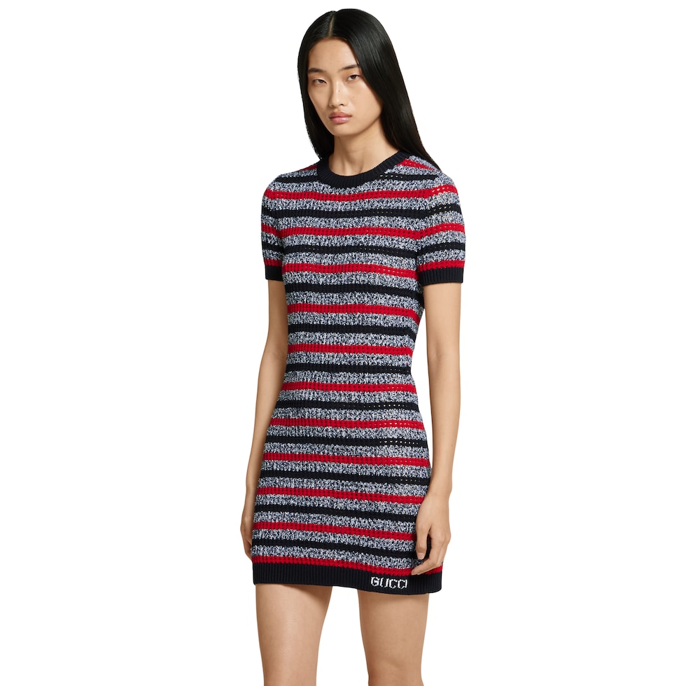GUCCI ニットノースリーブ　ファインコットン ドレス Striped fine cotton knit dress in navy and red | GUCCI® US