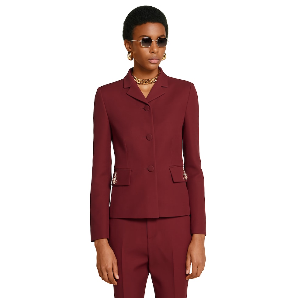 Crêpe wool silk jacket with tiger in rosso ancora red