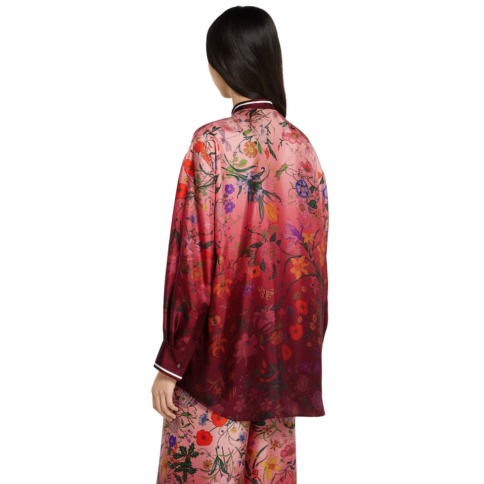 Printed silk shirt with neck bow in pink and rosso ancora