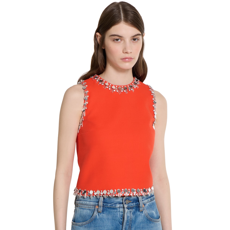 Crêpe wool silk top with embroidery in bright orange | GUCCI® US