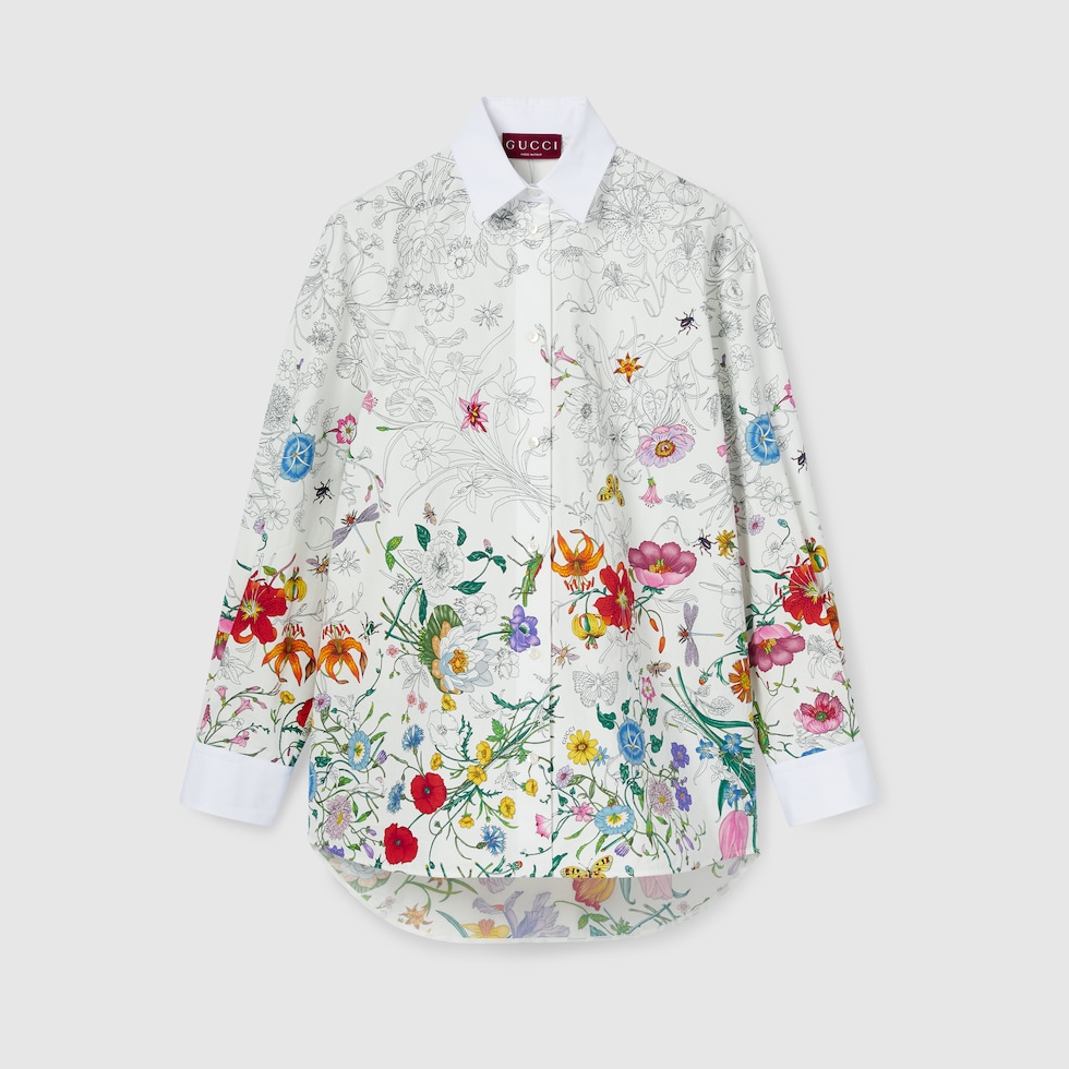 Printed cotton poplin shirt in white and multicolor | GUCCI® US