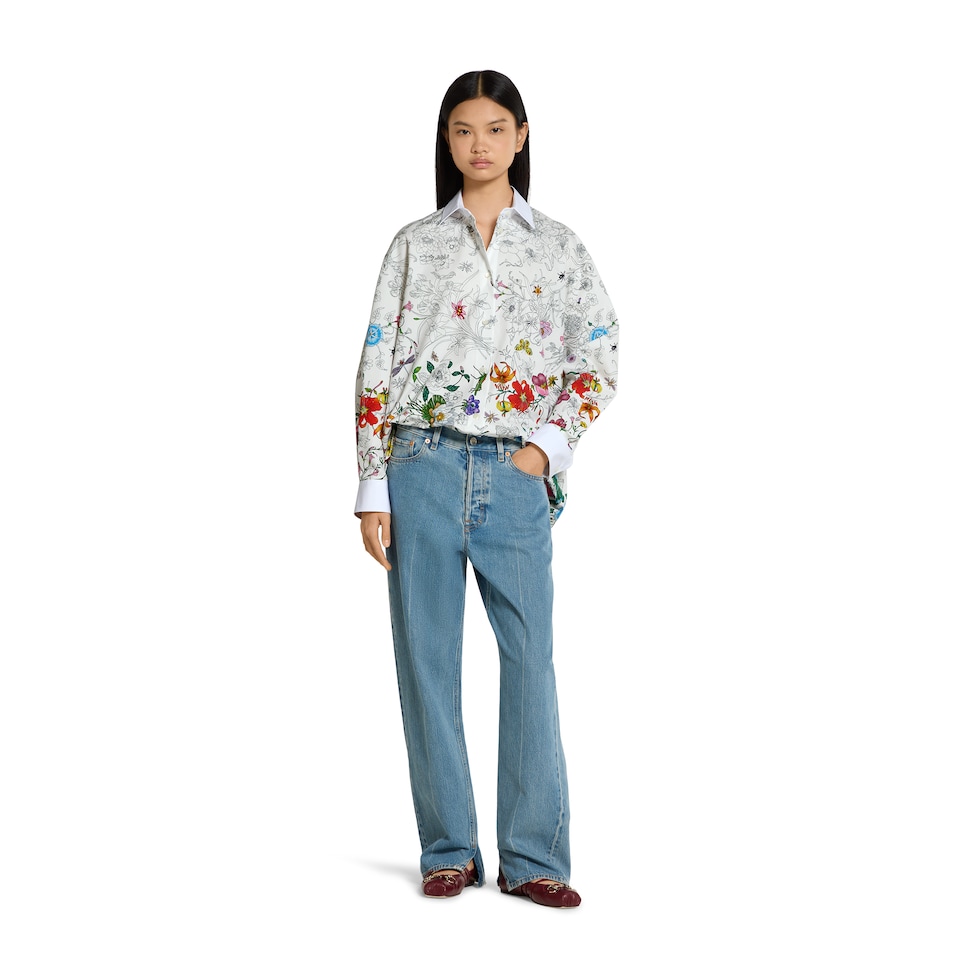 Printed cotton poplin shirt in white and multicolor | GUCCI® US
