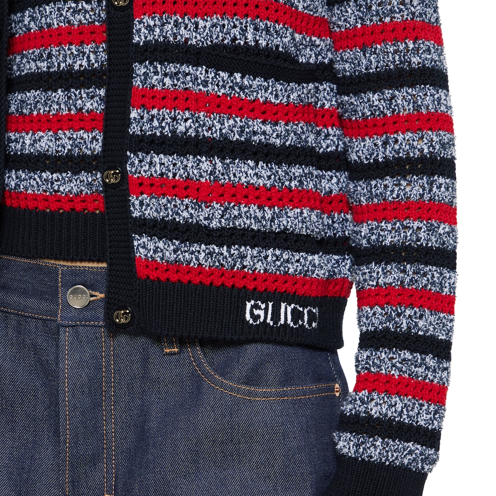 Striped cotton cardigan with intarsia in navy and red