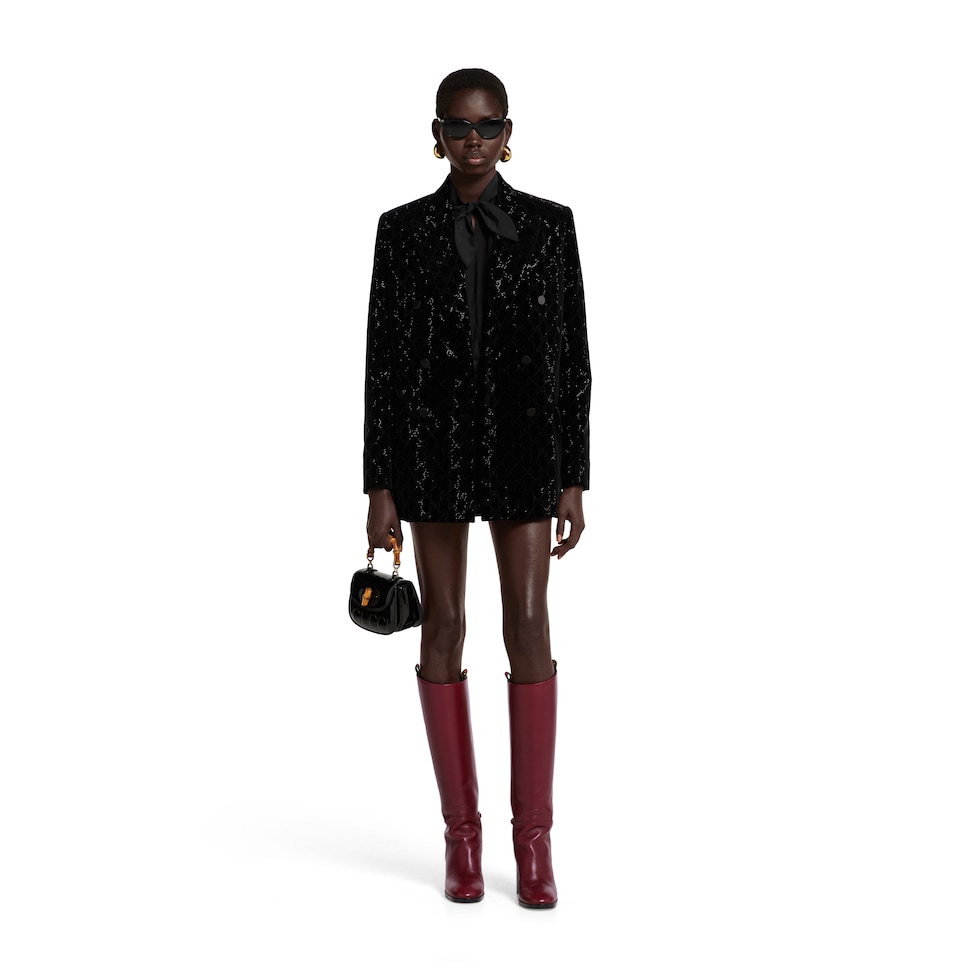 Embroidered cotton velvet jacket in black | GUCCI® SI