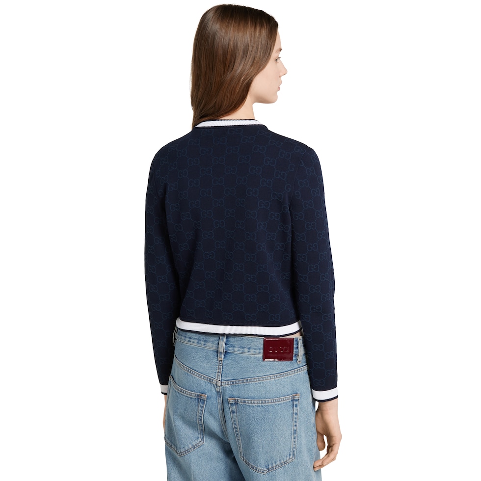GG fine cotton jacquard cardigan in navy and white | GUCCI® US