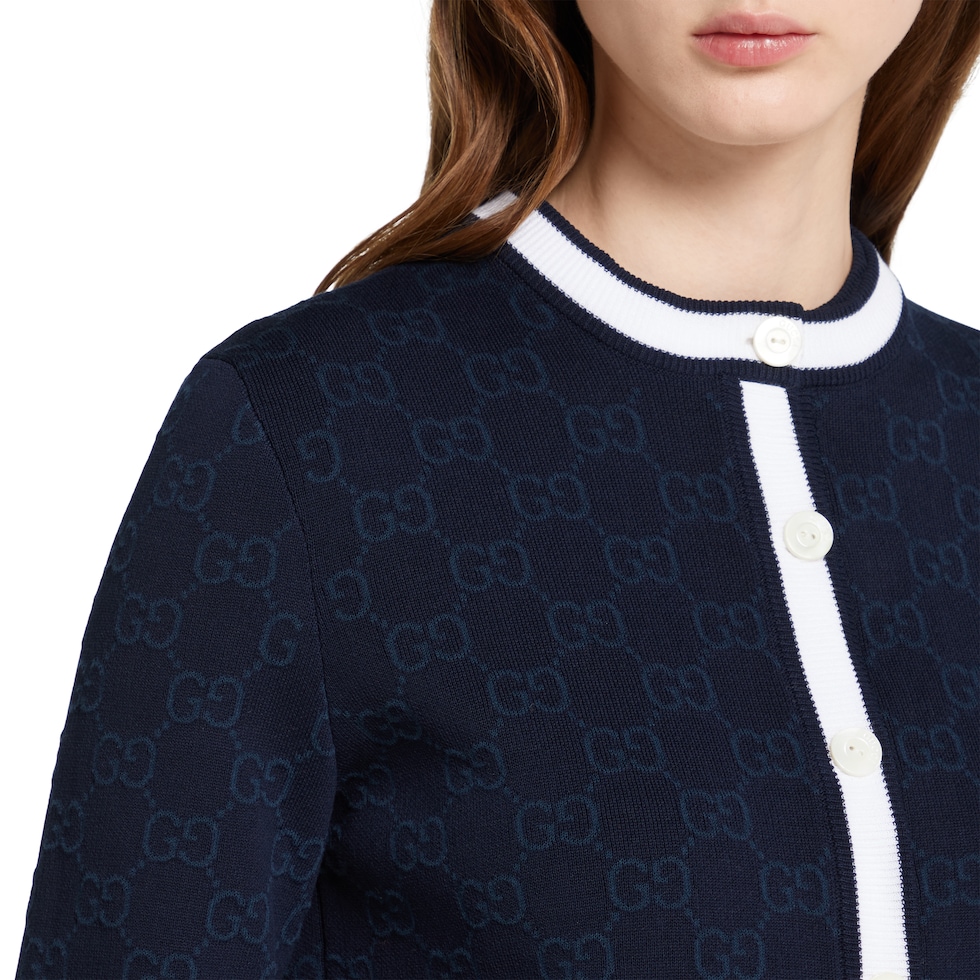 GG fine cotton jacquard cardigan in navy and white | GUCCI® US