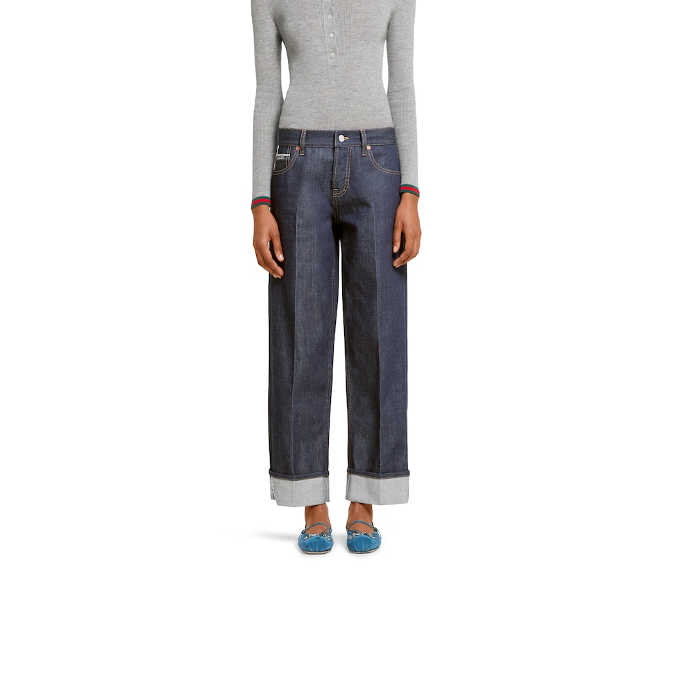 Denim pants with Gucci selvedge in dark blue | GUCCI® US Denim pants with Gucci selvedge in dark blue | GUCCI® US
