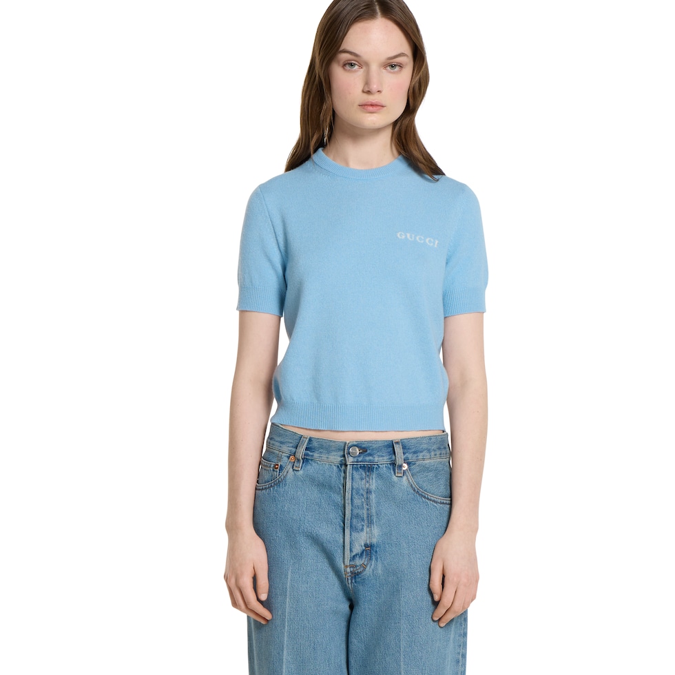 Cashmere top with intarsia in light blue | GUCCI® US