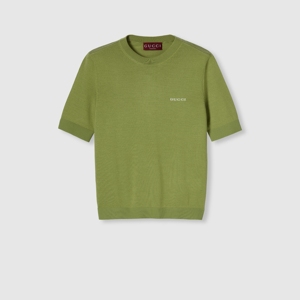 Cashmere and silk top with intarsia in green | GUCCI® US Cashmere and silk top with intarsia in green | GUCCI® US