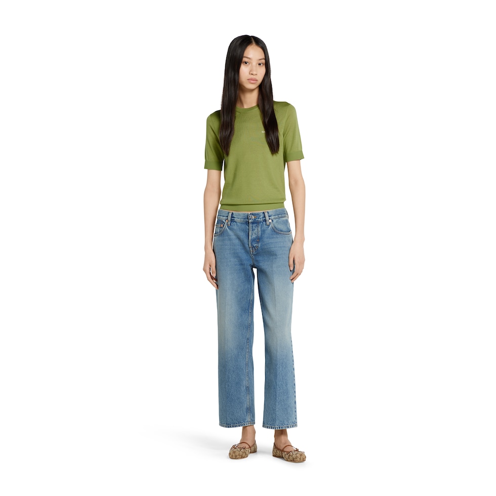 Cashmere and silk top with intarsia in green | GUCCI® US