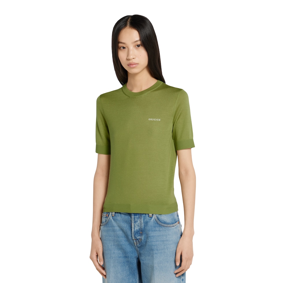 Cashmere and silk top with intarsia in green | GUCCI® US Cashmere and silk top with intarsia in green | GUCCI® US
