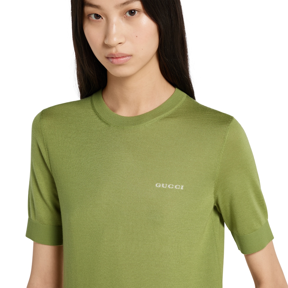 Cashmere and silk top with intarsia in green | GUCCI® US