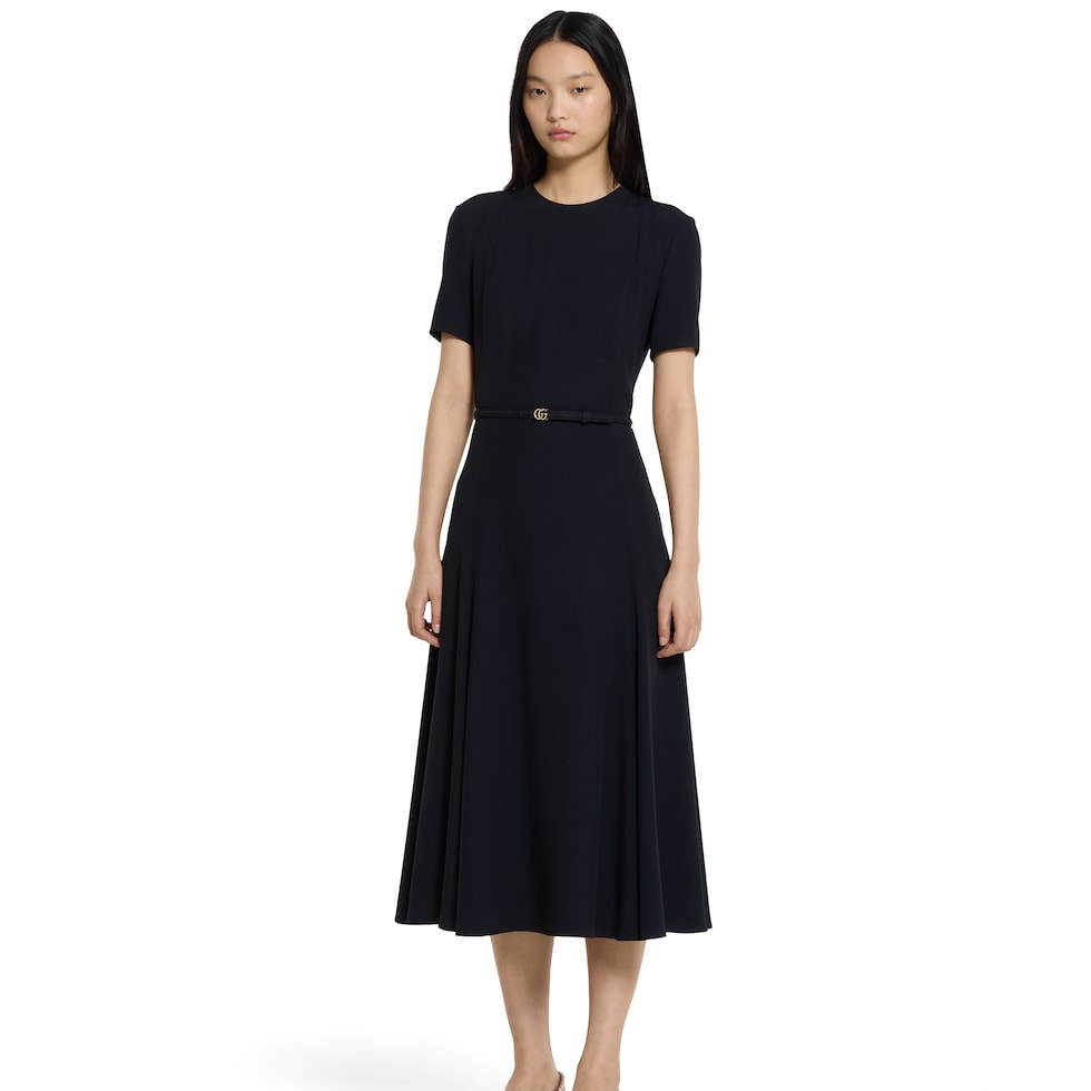 Satin dress with Double G belt in black | GUCCI® US