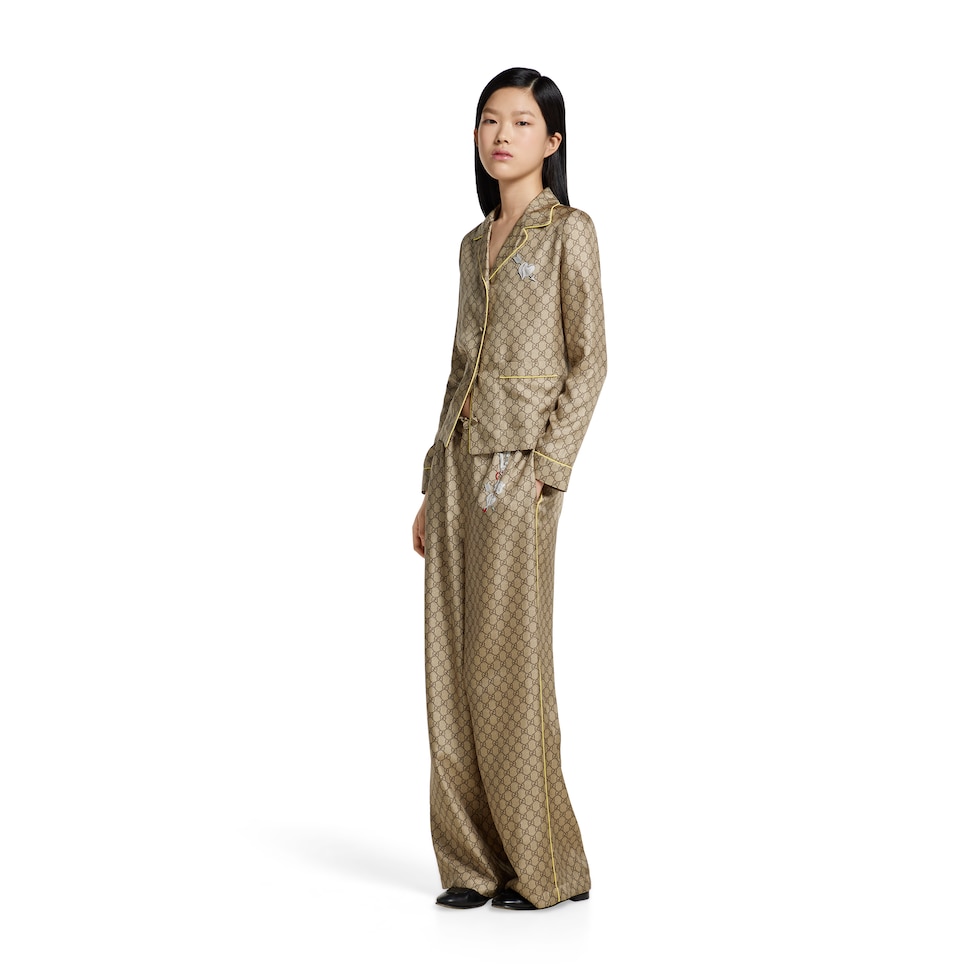 GG silk twill pants with print in beige and dark brown