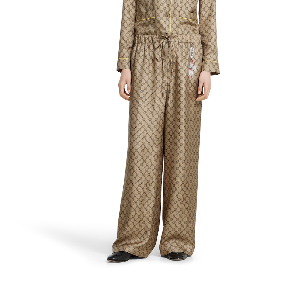 GG silk twill pants with print in beige and dark brown