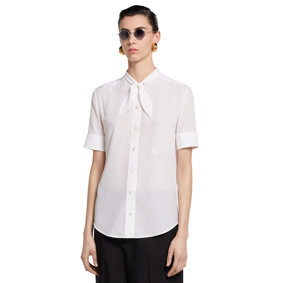 Silk crêpe de chine shirt with embroidery in white | GUCCI® US