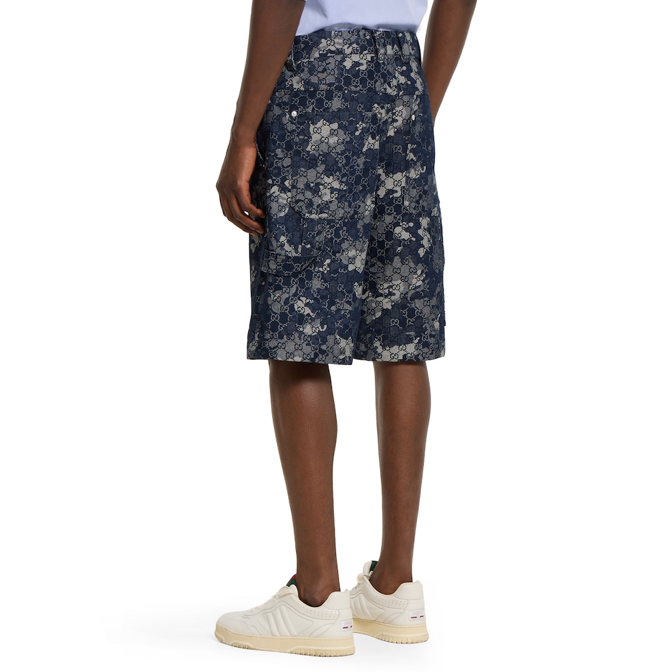 GG jacquard denim shorts in dark blue and ivory | GUCCI® UK