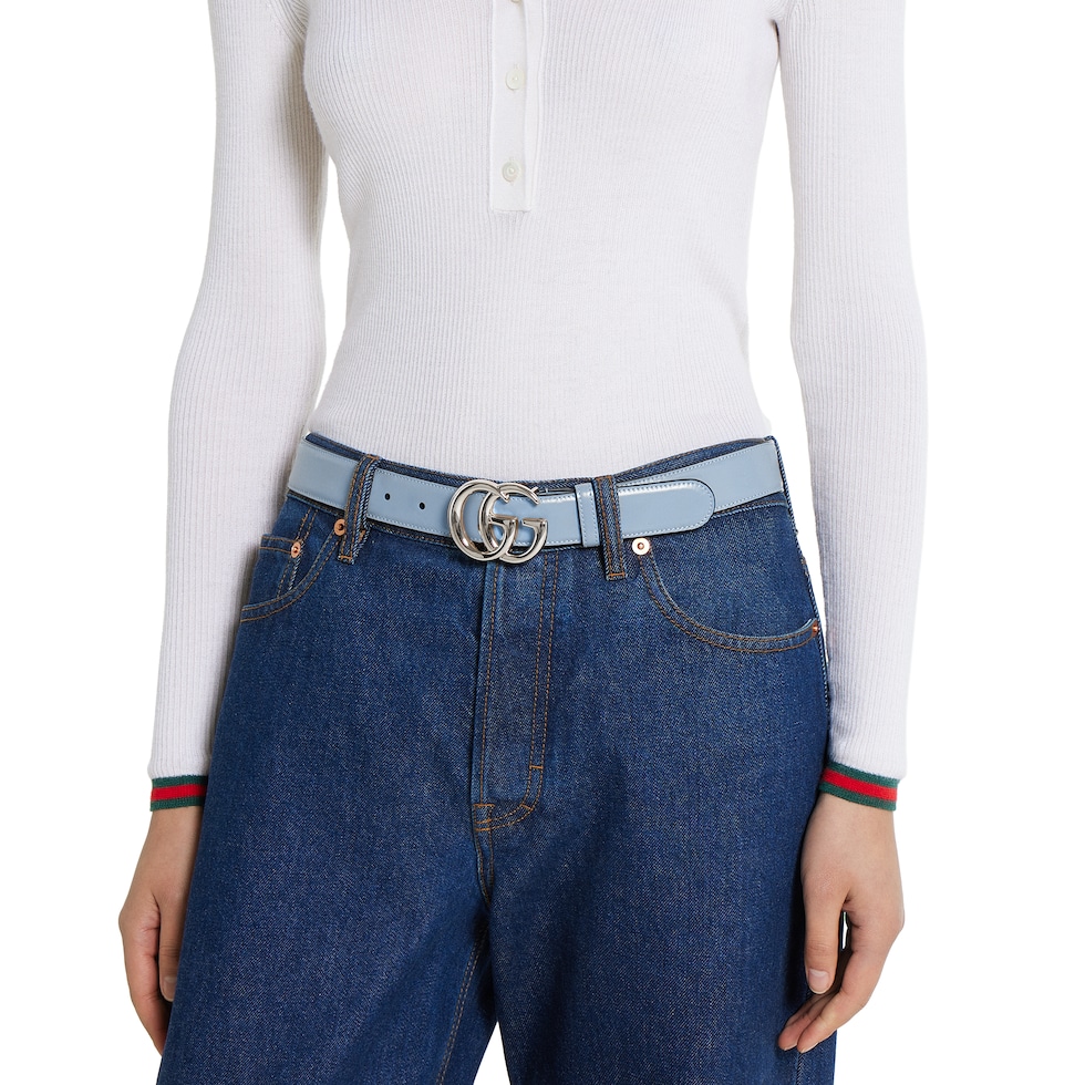 GG Marmont thin belt in light blue leather | GUCCI® US