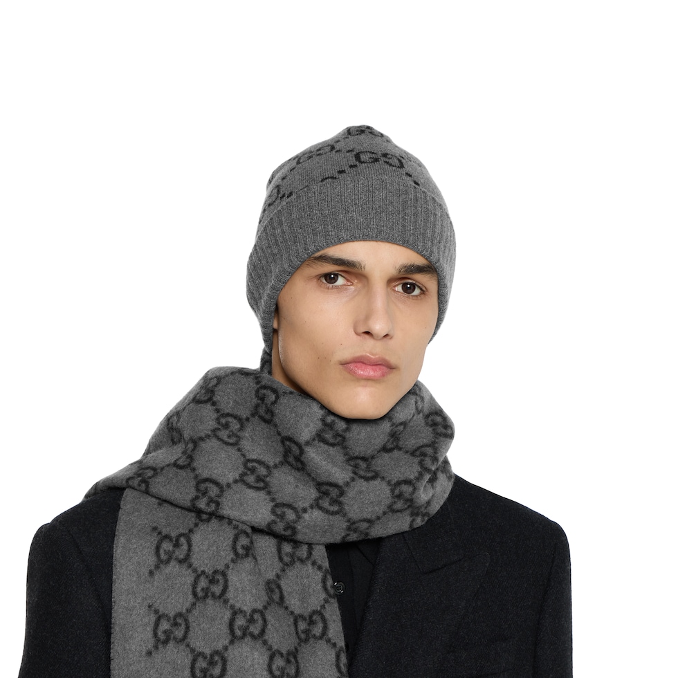 GUCCI ウールニット帽 ダークグレー GG cashmere hat in black and grey | GUCCI® US